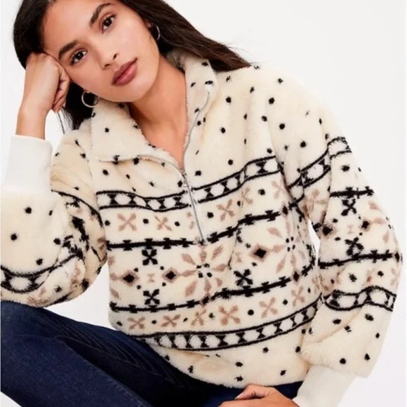 LOFT Cream and Black Sherpa Half Zip NWT - Picture 4 of 5